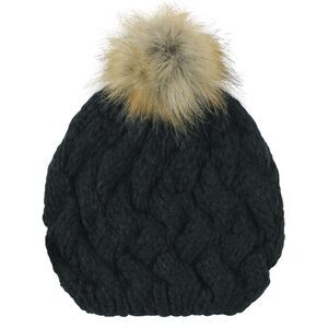 Black Knit Beret Beanie Hat With Fur Pom Pom